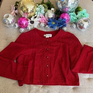 Ronni Nicole Shimmer Red Button Down Top Cardigan